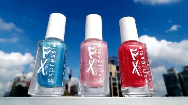 Expressie FX quick dry shimmer nail polish top coat colors in blue, pink, and red