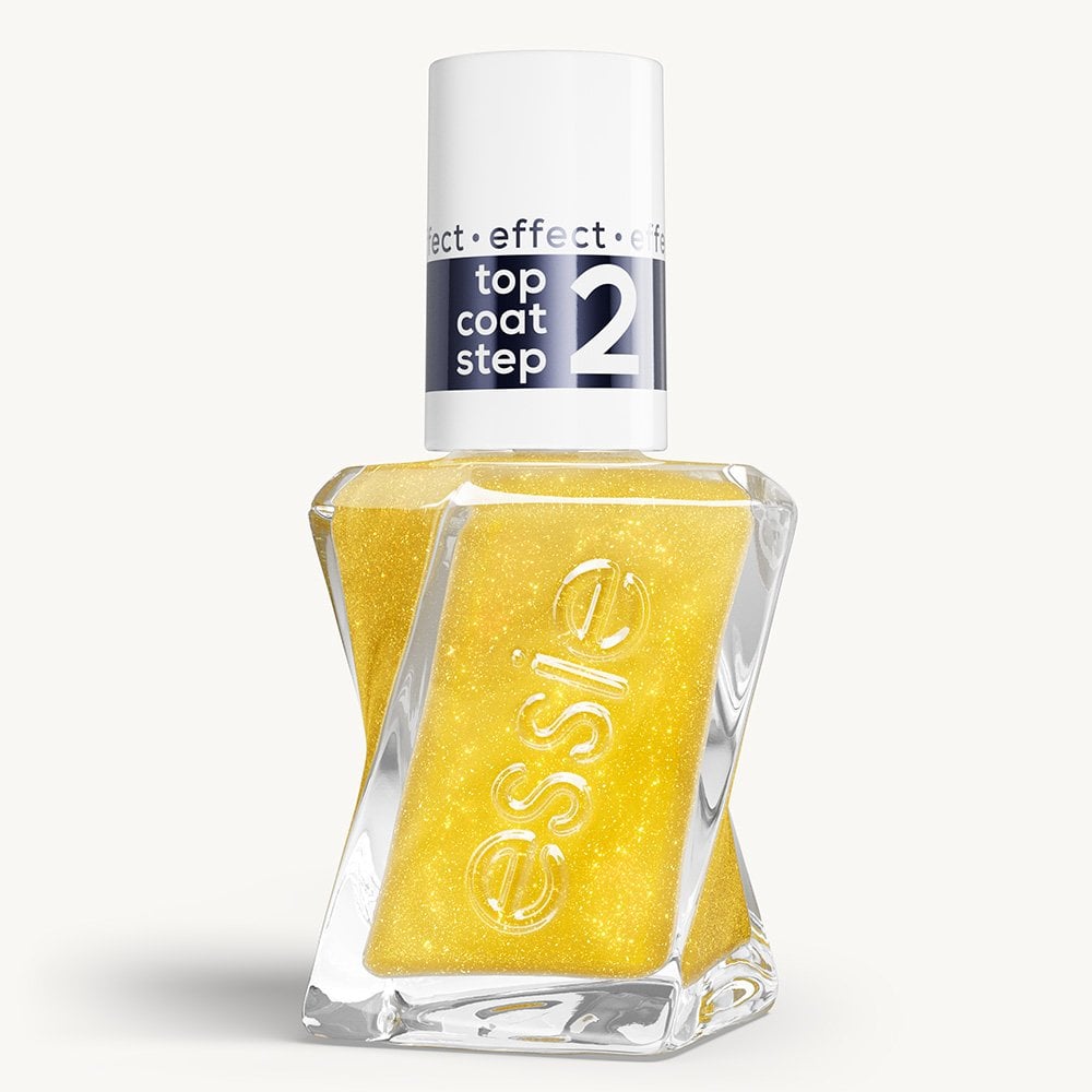 Sleek bottle of Gel by essie longwear nail polish in shade 'Crushed Gold' against a clean white background.