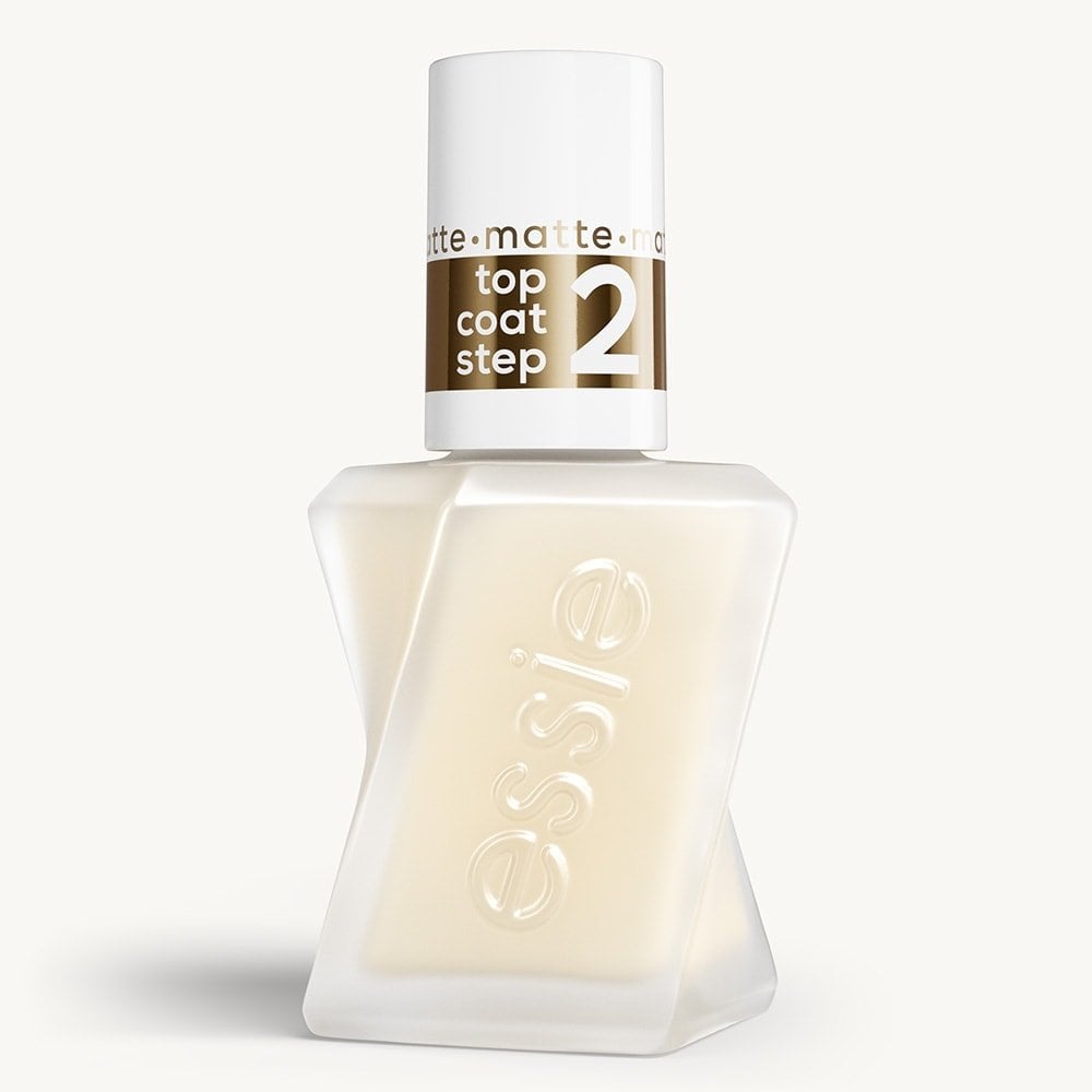 Sleek bottle of Gel by essie longwear nail polish in shade 'Matte Top Coat' against a clean white background.
