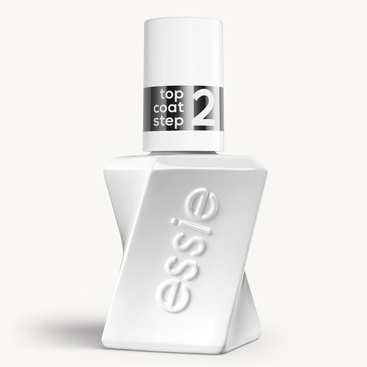 Sleek bottle of Gel by essie longwear nail polish in shade 'Shiny Top Coat' against a clean white background.