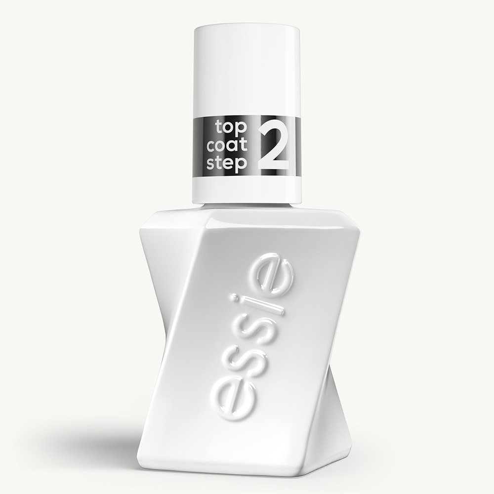 Sleek bottle of Gel by essie longwear nail polish in shade 'Shiny Top Coat' against a clean white background.