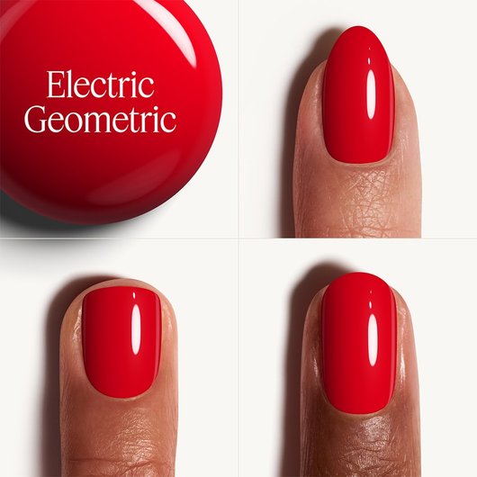 Glossy drop of Gel by essie longwear nail polish in shade Electric Geometric shown on three diverse skin tones.