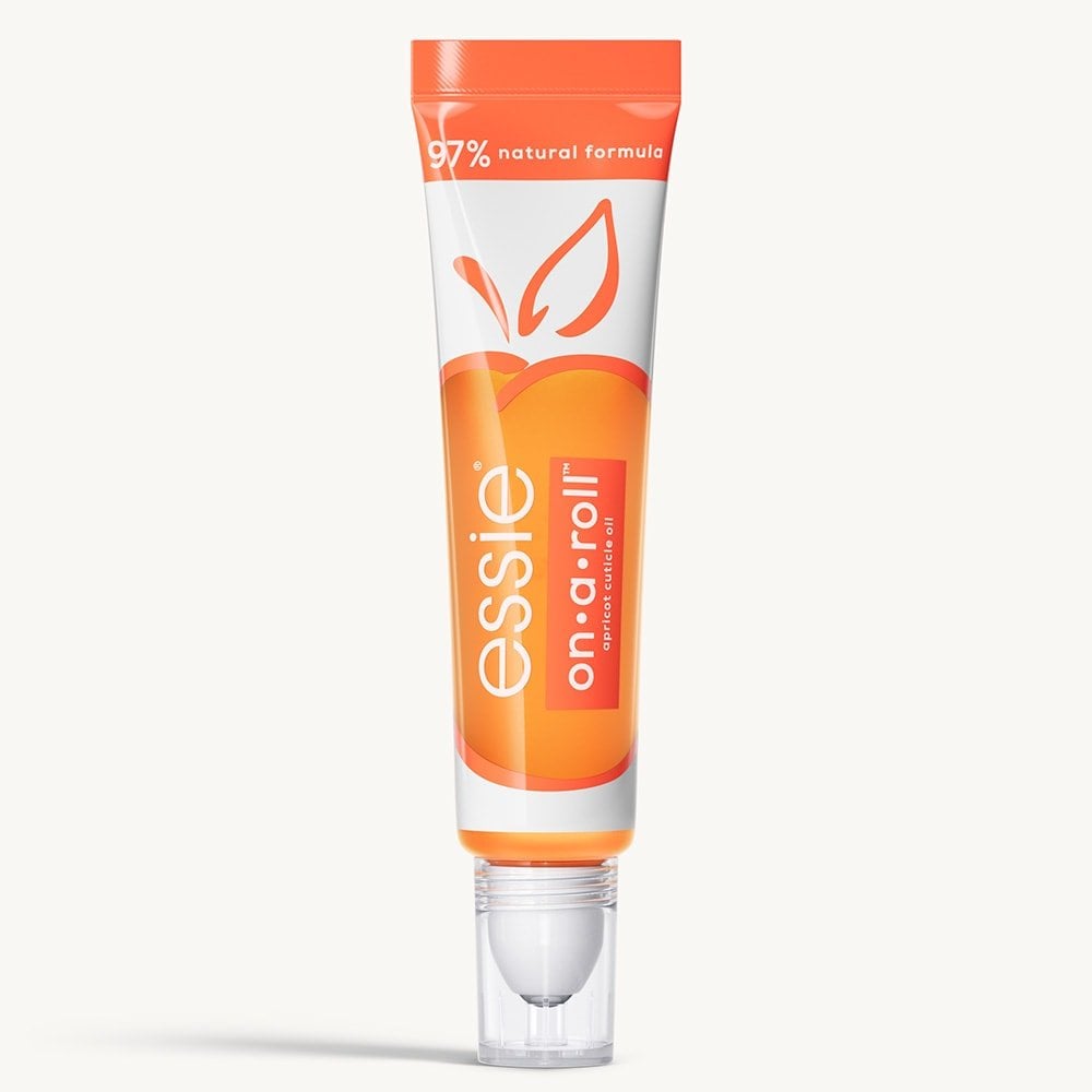 Sleek tube of essie cuticle oil 'Apricot On-a-Roll' against a clean white background.