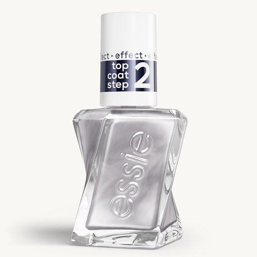 Sleek bottle of Gel by essie'Glazed Chrome' topcoat against a clean white background