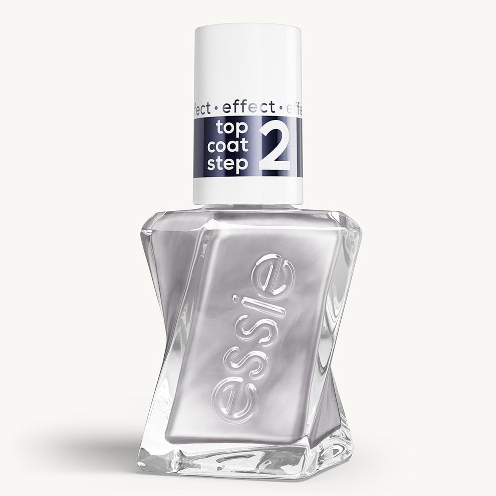 Sleek bottle of Gel by essie'Glazed Chrome' topcoat against a clean white background
