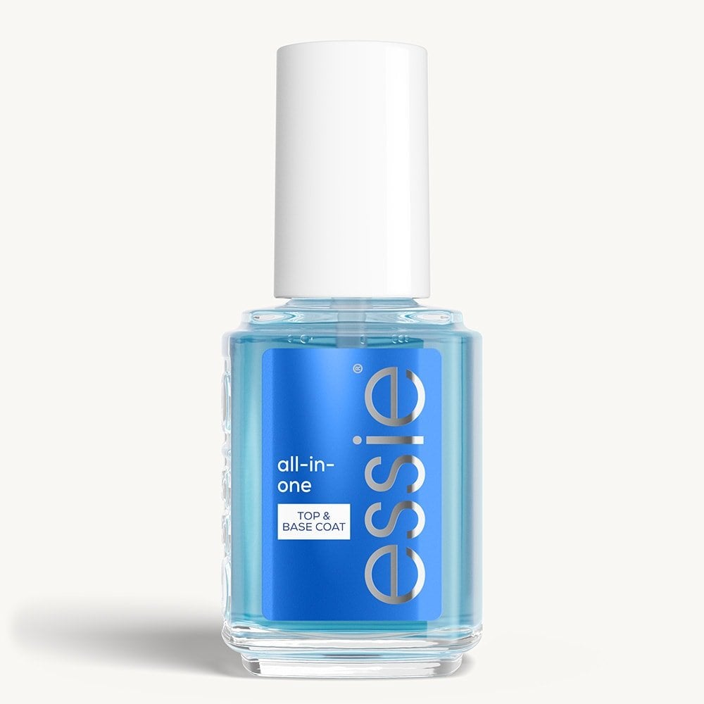 Sleek bottle of essie nail care 'All-in-One' topcoat against a clean white background.