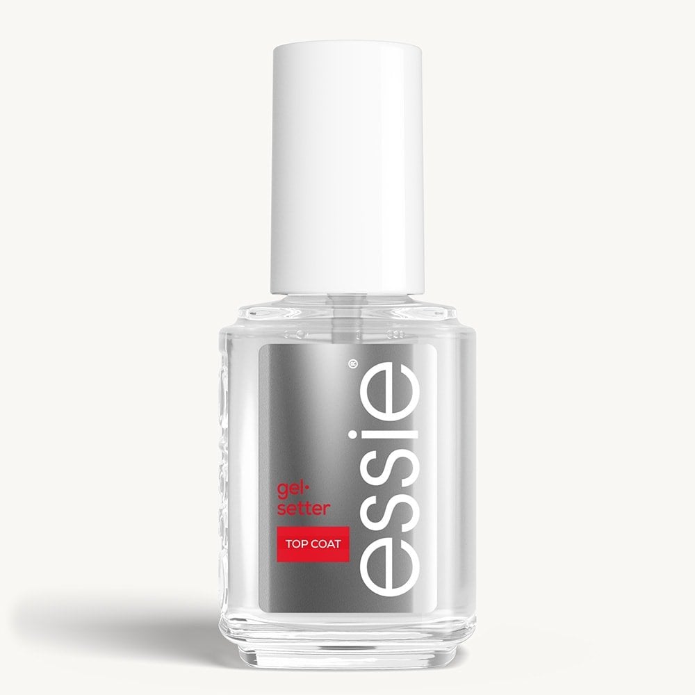 Sleek bottle of essie nail care 'Gel Setter' topcoat against a clean white background.