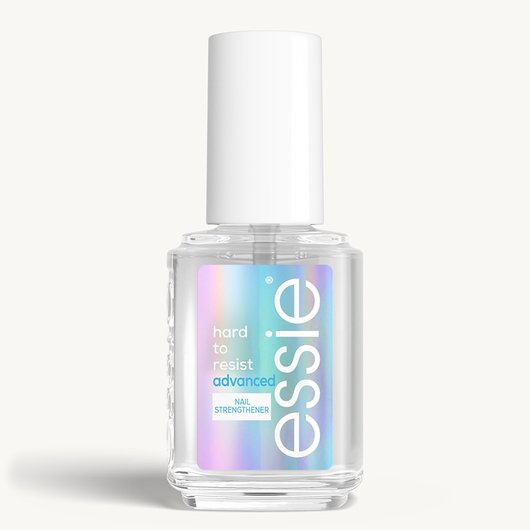 Sleek bottle of essie nail care 'Hard to Resist Advanced' nail treatment against a clean white background.