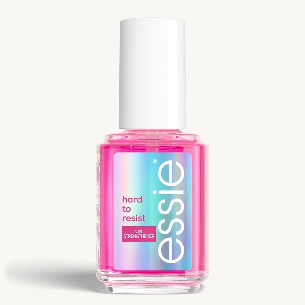 Sleek bottle of essie nail care 'Hard to Resist Pink' nail treatment against a clean white background.
