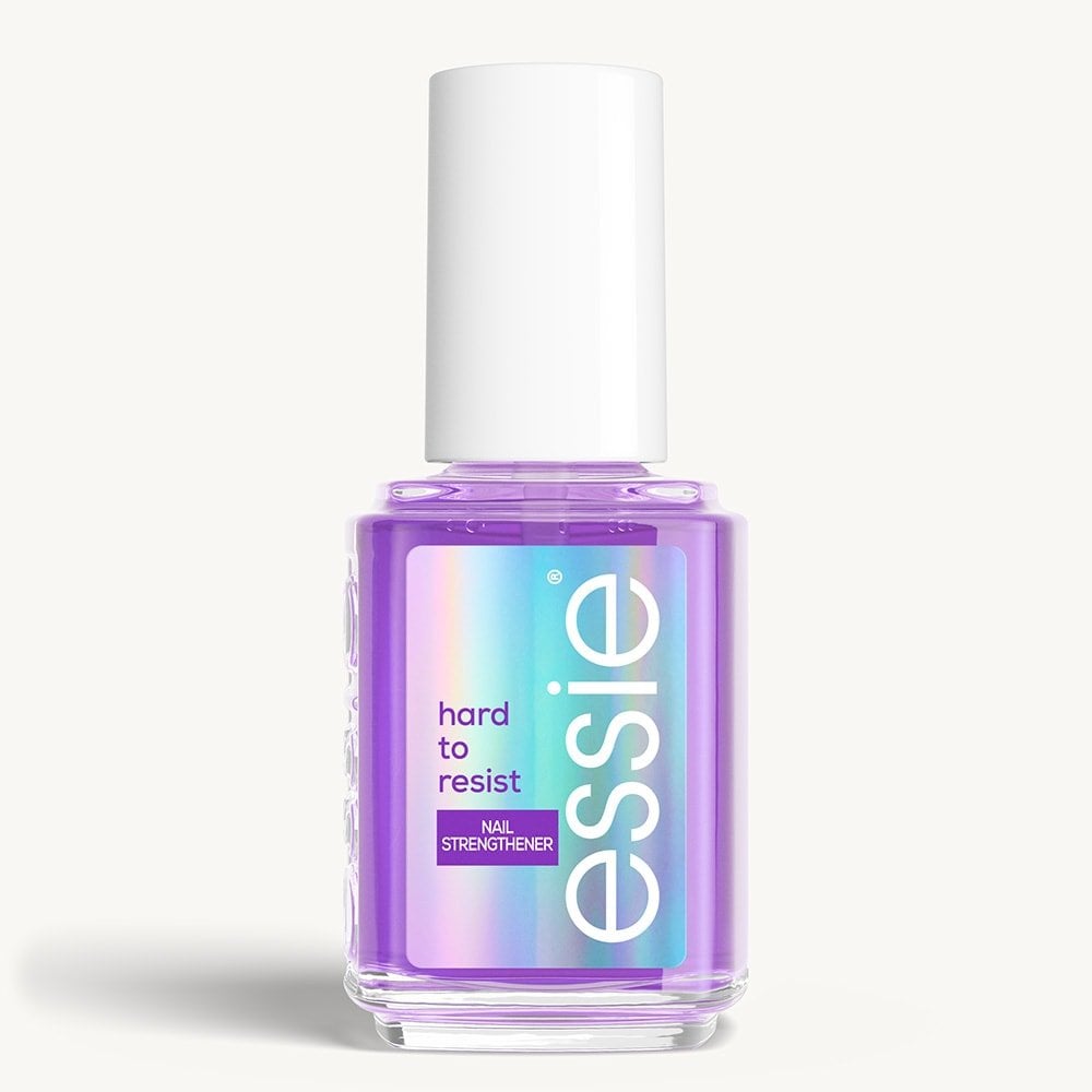 Sleek bottle of essie nail care 'Hard to Resist Purple' nail treatment against a clean white background.