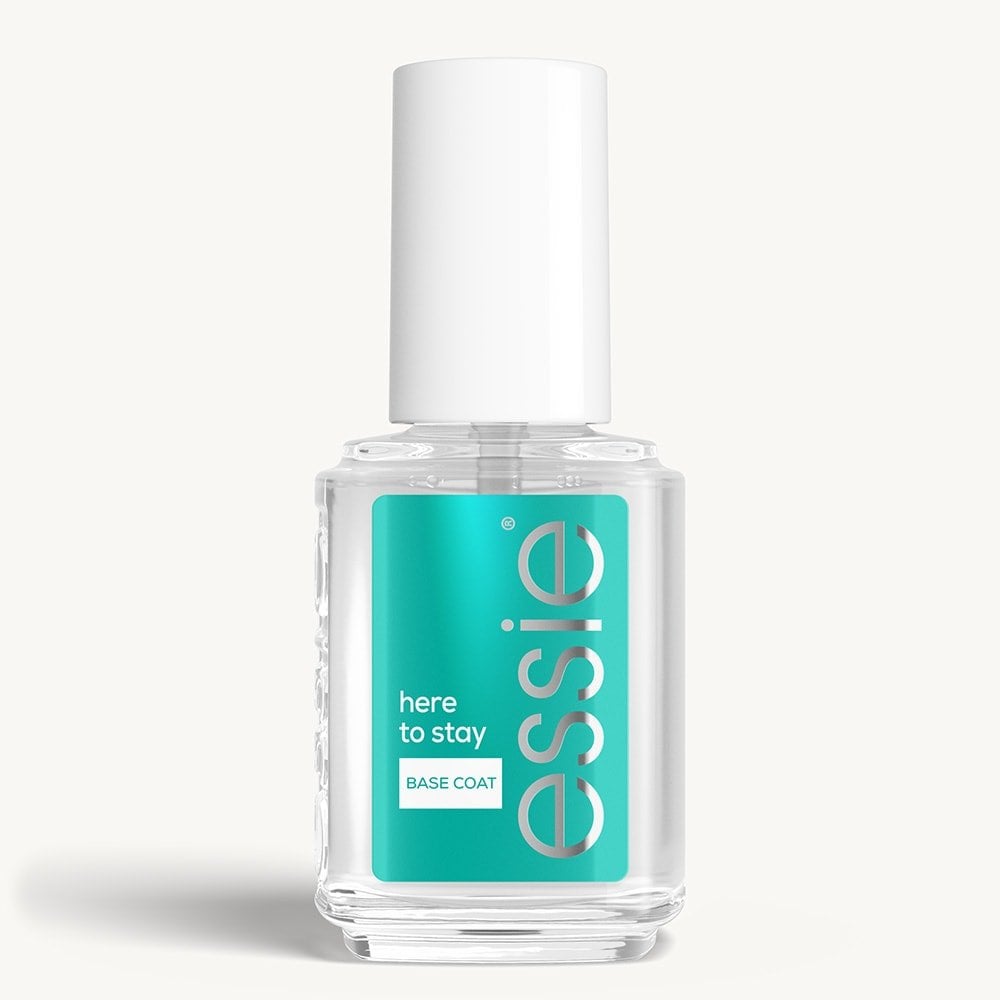Sleek bottle of essie nail care 'Here to Stay' base coat against a clean white background.