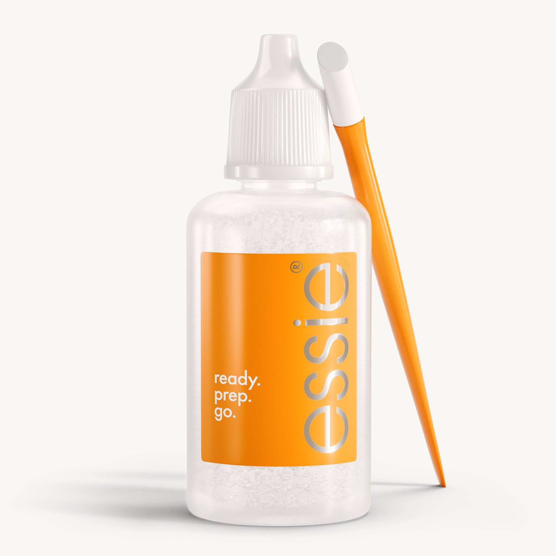Sleek bottle of essie nail care 'Ready Prep Go' cuticle remover against a clean white background.