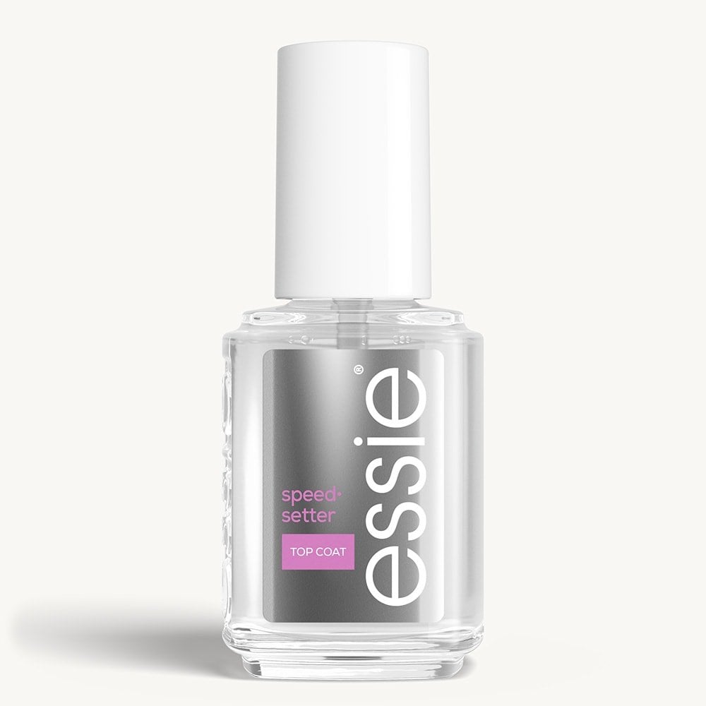 Sleek bottle of essie nail care 'Speed Setter' topcoat against a clean white background.