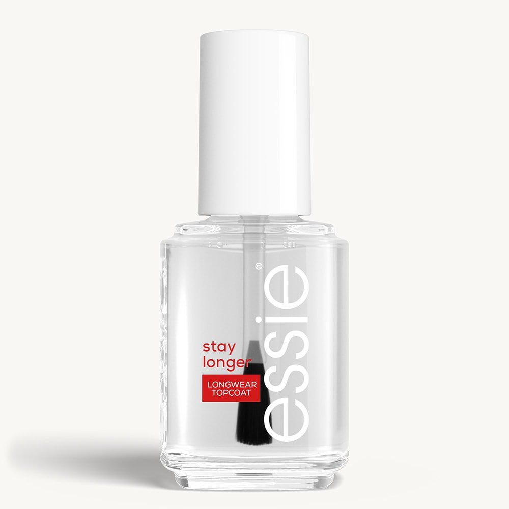 Sleek bottle of essie nail care 'Stay Longer' topcoat against a clean white background.