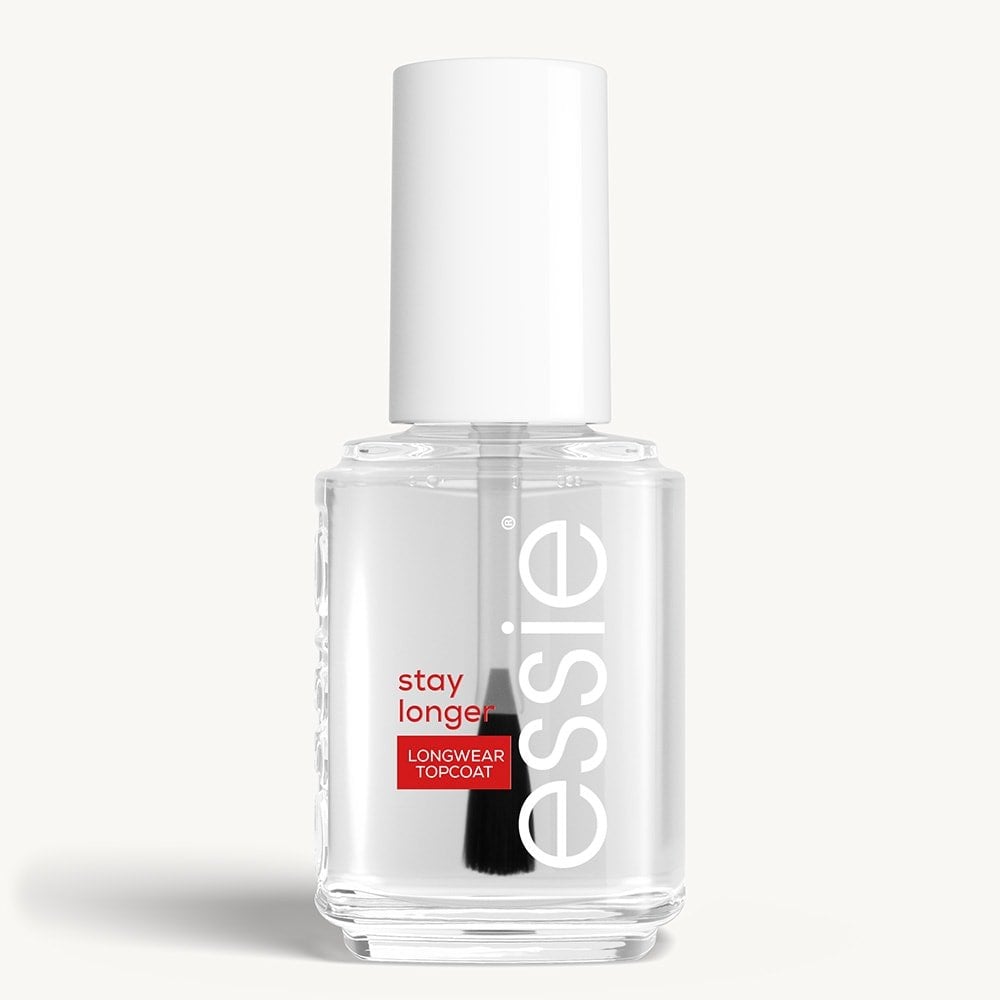 Sleek bottle of essie nail care 'Stay Longer' topcoat against a clean white background.