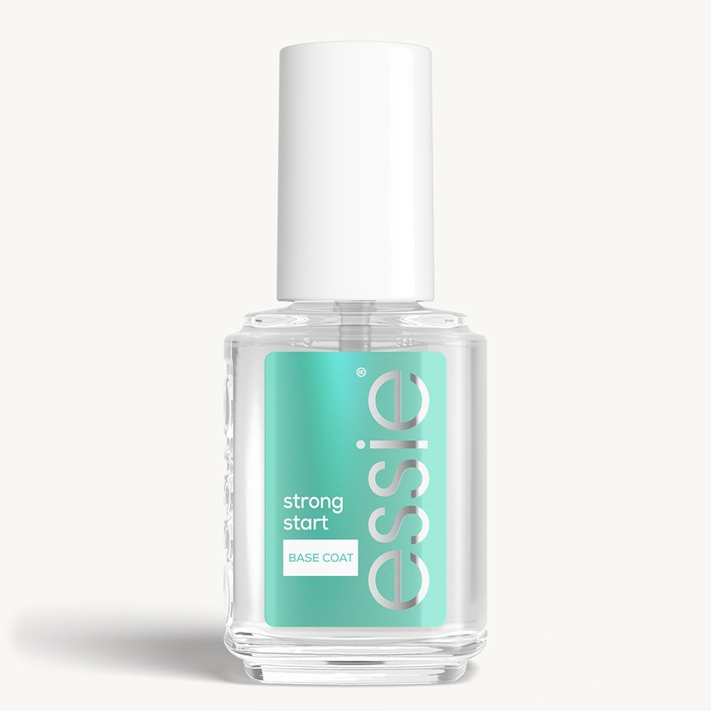 Sleek bottle of essie nail care 'Strong Start' base coat against a clean white background.