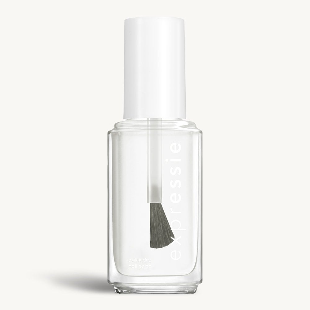 Sleek bottle of Essie Expressie quick-dry nail polish in 'Always Transparent' against a clean white background.