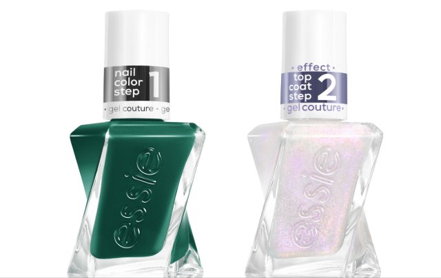 Two nail polish bottles are shown. The left is dark green with "nail color step 1" on the cap, and the right is a shimmery top coat with "top coat step 2." 