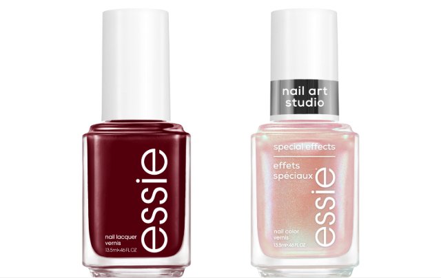 Two Essie nail polish bottles are displayed. The left bottle is deep red, while the right bottle is iridescent pink. Both have white caps and branding.