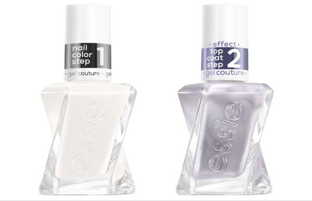 Two Essie nail polish bottles on a white background. Left bottle is a creamy beige, marked "nail color step 1." Right bottle is a shimmering lavender, labeled "top coat step 2."
