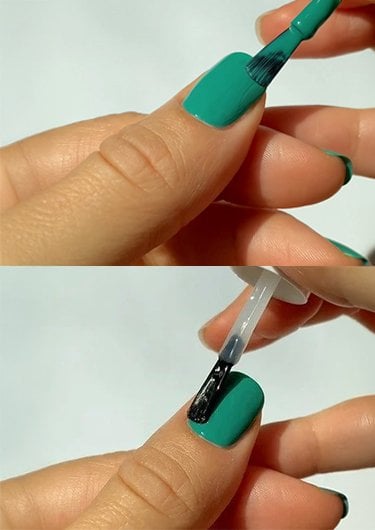 Closeup of applying essie longwear gel in two steps: first, color, then top coat