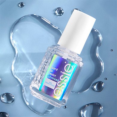A bottle of clear essie hard to resist advanced nail strengthener lying in a clear puddle