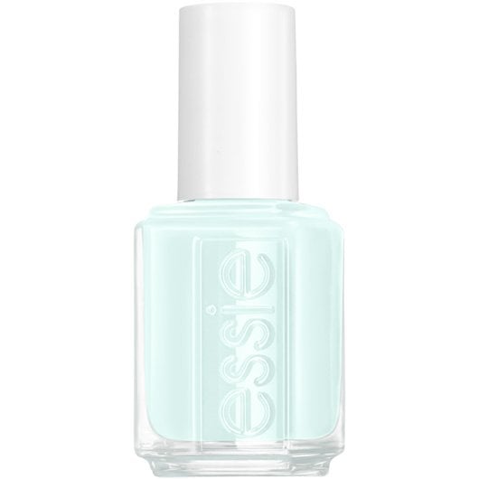 Product shot of a bottle of essie first kiss bliss light mint green polish on a white background