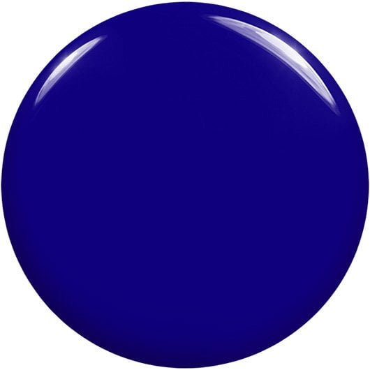 White background with round puddle of brave and true essie nail polish, a saturated mid-tone blue