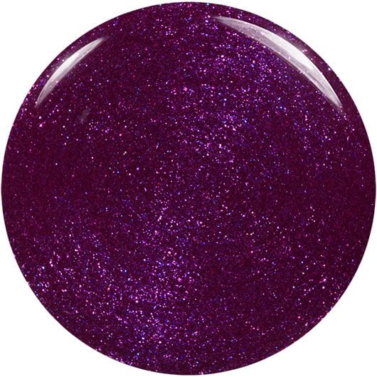 White background with round puddle of essie's glittery deep purple tempted with envy nail polish