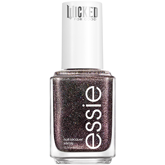black glitter defying expectations essie nail polish bottle on a white backdrop