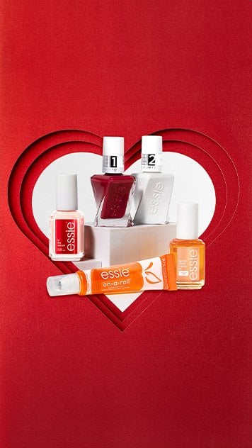 essie nail products on a red background with a white heart