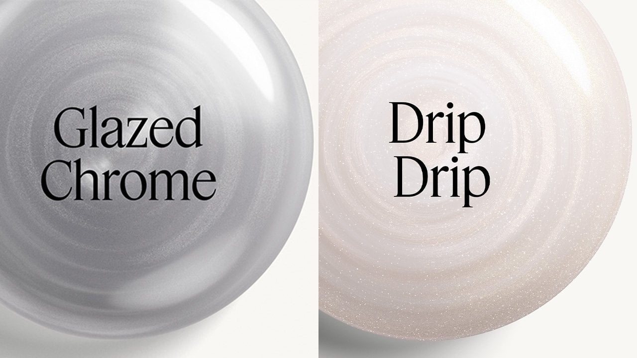 Split-screen: left says glazed chrome on pool of silver polish, right says drip drip on pearly polish