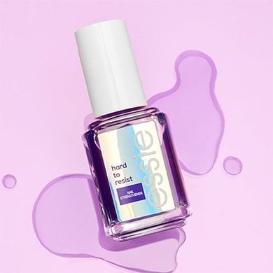 bottle of hard to resist neutralize & brighten by essie against a purple background with water droplets