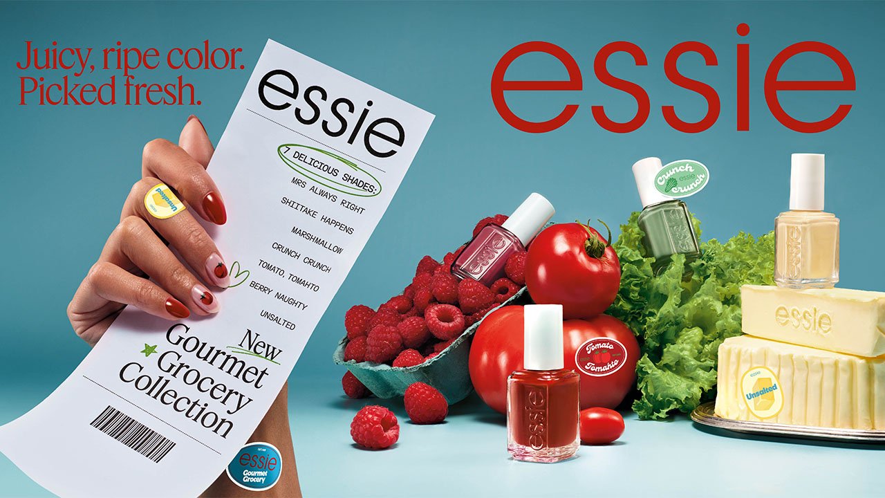 Medium skin hand with grocery list, food and nail polish, caption juicy ripe color picked fresh