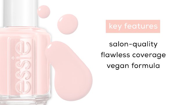 An original bottle of essie enamel with a short white cap and 3 puddles of polish on the side.