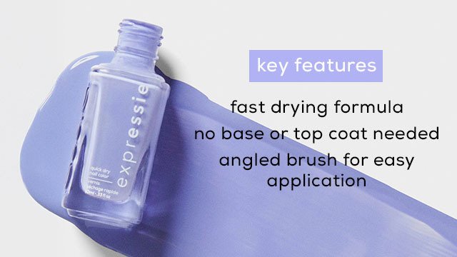 Capless bottle of lavender essie expressie nail polish on its side in a long smear of the same shade.