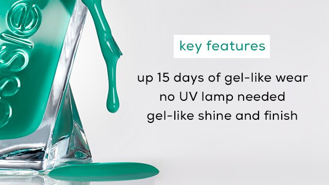 Closeup of a bottle of green gel by essie polish with brush dripping into a puddle on the side