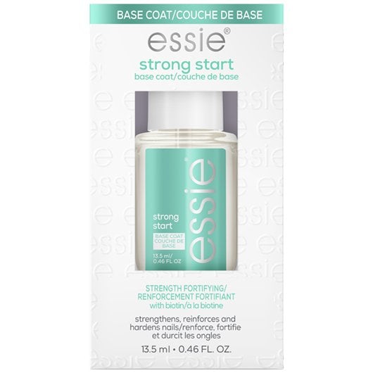 Bottle of essie strong start base coat nail polish in its cardboard box outer packaging