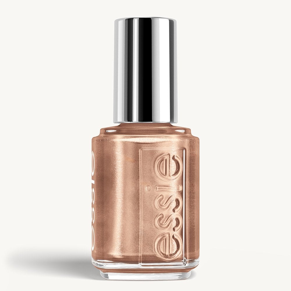 essie nail polish bottle featuring a metallic warm rose-gold shimmer finish and silver cap.