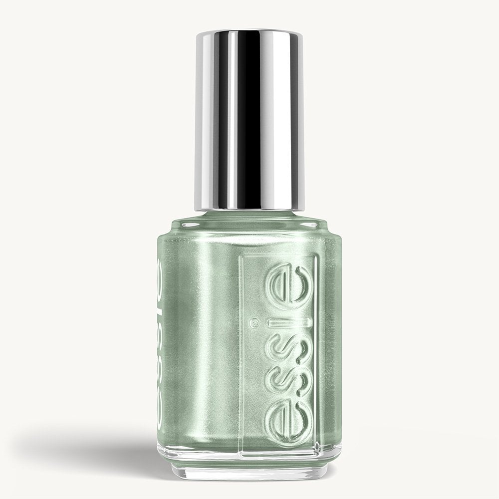 essie nail polish bottle featuring a metallic sage green shimmer finish and silver cap.