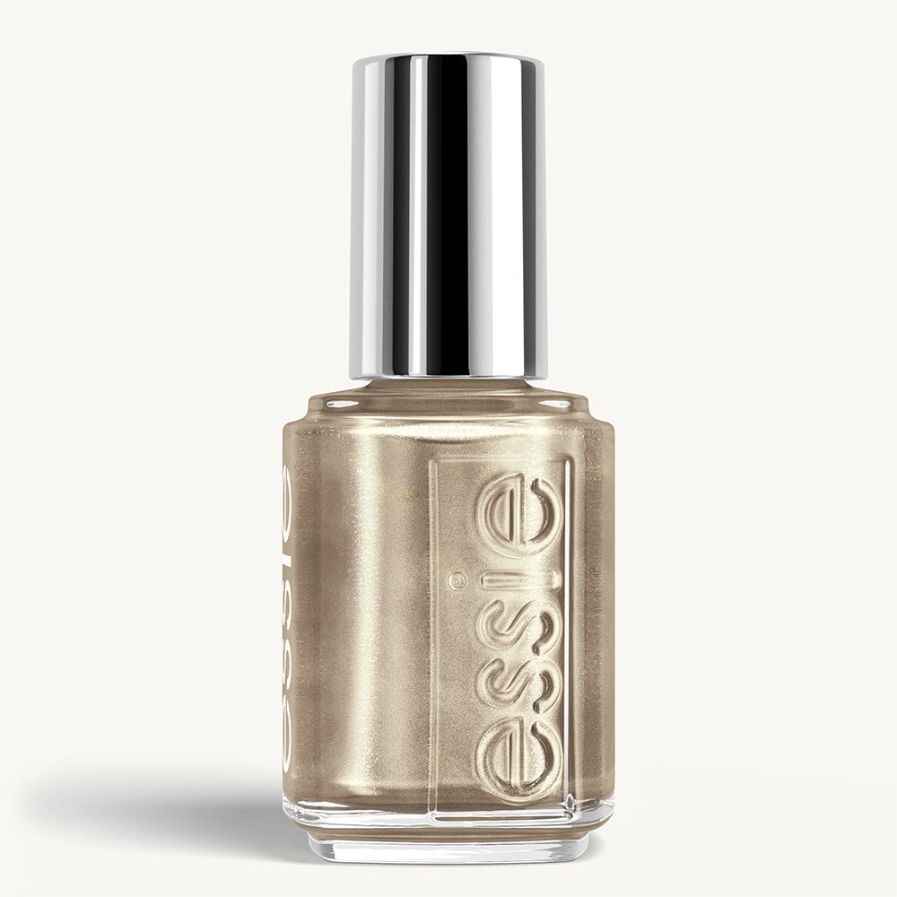essie nail polish bottle of Mixed Metal featuring a metallic bronze-gold finish and silver cap. 