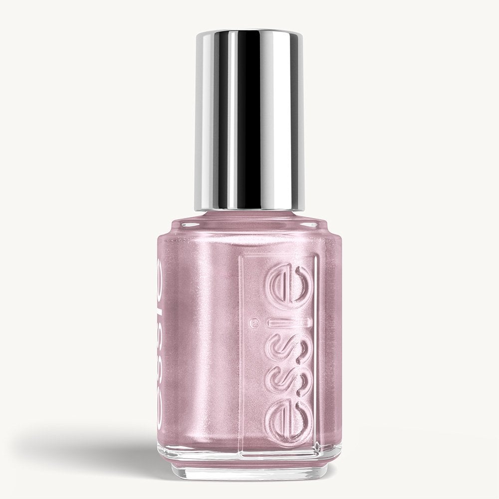 essie nail polish bottle featuring a metallic soft pink shimmer finish and silver cap.
