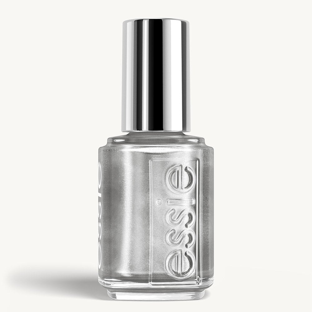 essie nail polish bottle of Pure Chrome featuring a metallic silver finish and silver cap.