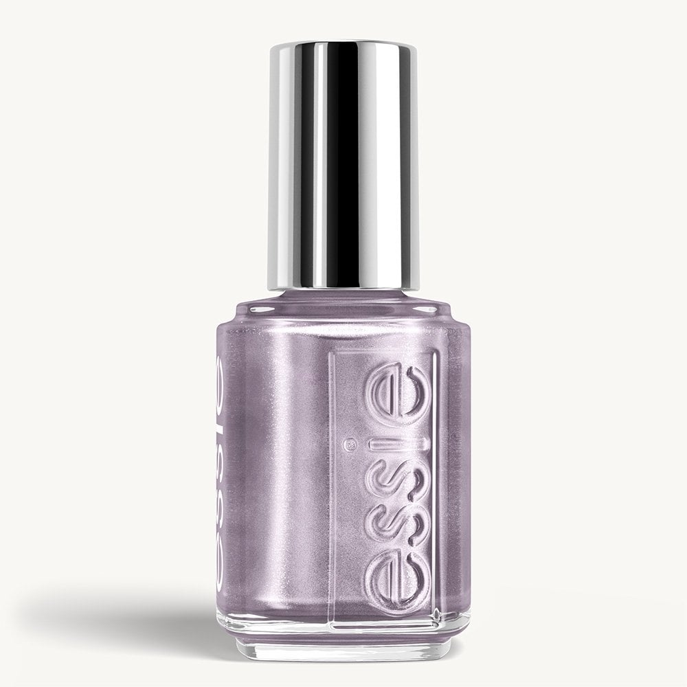 essie nail polish bottle featuring a metallic muted purple shimmer finish and silver cap.