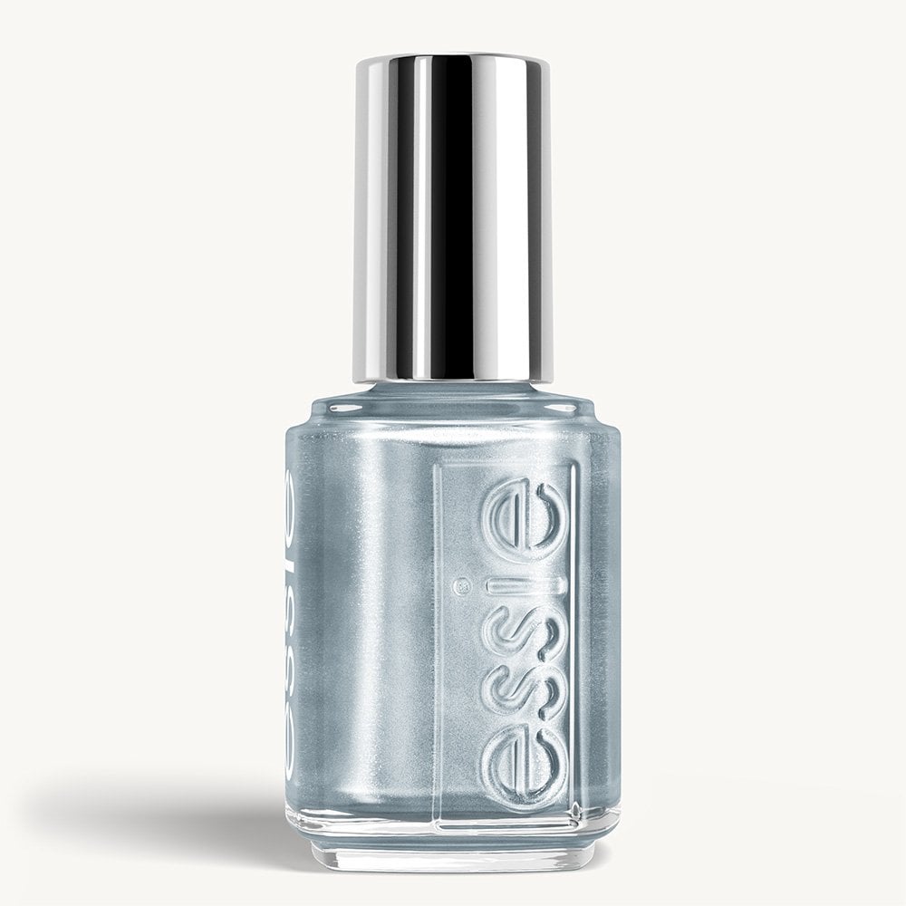 essie nail polish bottle featuring a metallic light blue shimmer finish and silver cap.