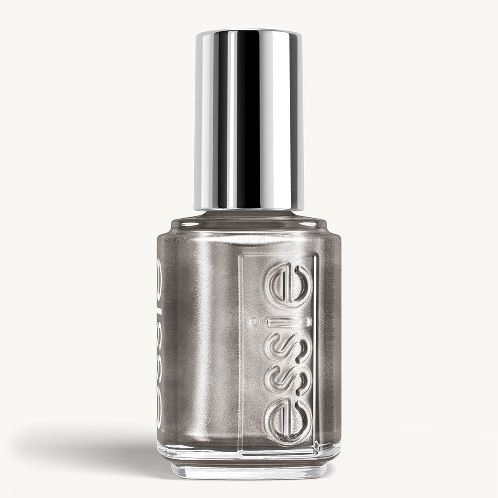 essie nail polish bottle in Zinc Bar, featuring a metallic gunmetal-grey shimmer finish and a silver cap.
